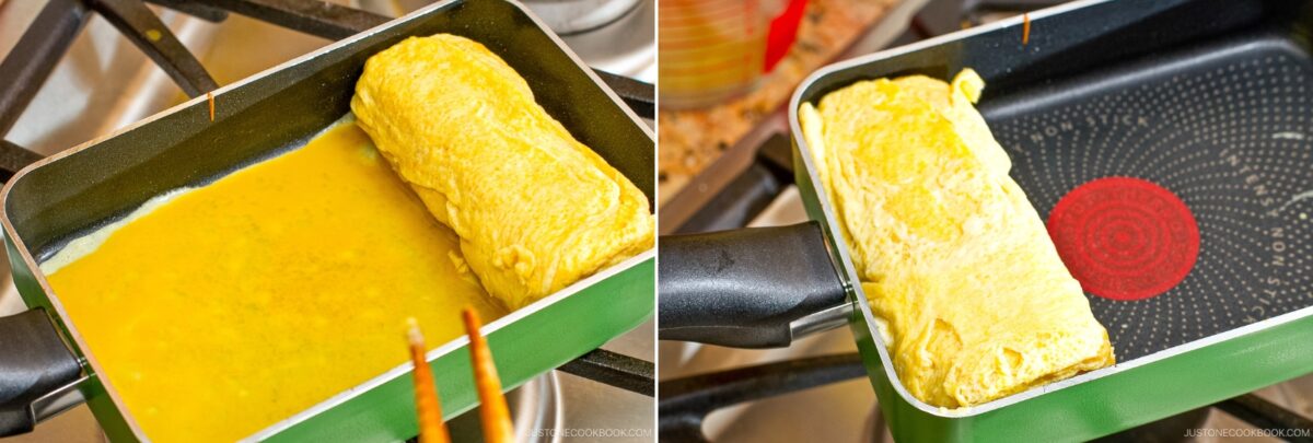 A two-panel image shows a rectangular pan on a stove making Dashimaki Tamago, a Japanese dashi rolled omelette. The left side shows eggs being rolled with chopsticks; the right shows the omelette nearly finished and partially rolled.