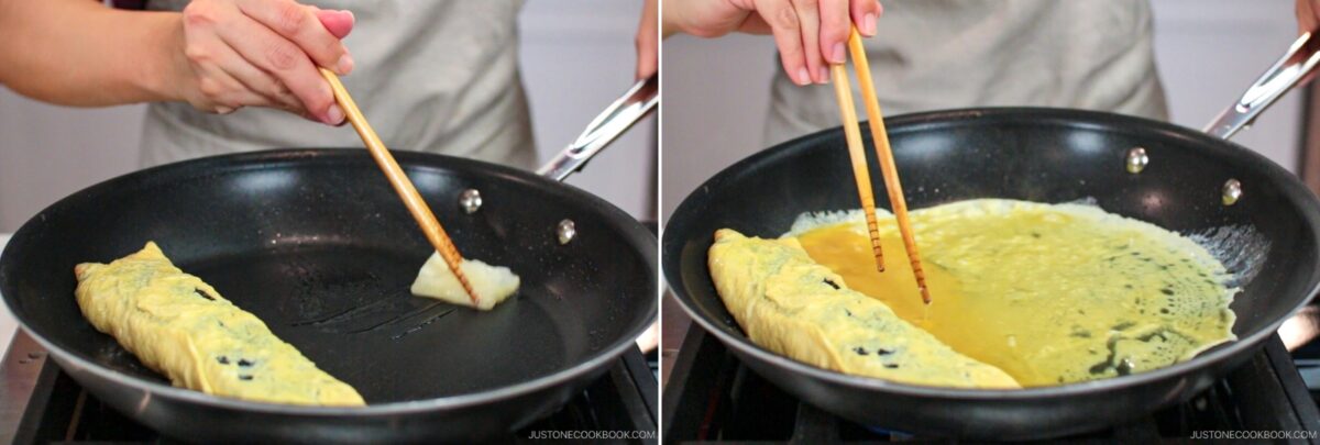 A person uses chopsticks to roll Dashimaki Tamago (Japanese Dashi Rolled Omelette) in a nonstick frying pan; in the second image, more egg mixture is added and cooked before rolling.
