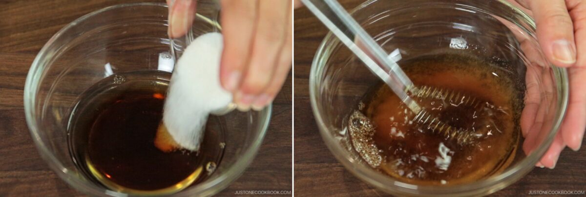 Two images side by side: On the left, a hand pours sugar into a bowl of liquid for Dashimaki Tamago. On the right, a hand whisks the mixture, dissolving the sugar for this classic Japanese Dashi Rolled Omelette.