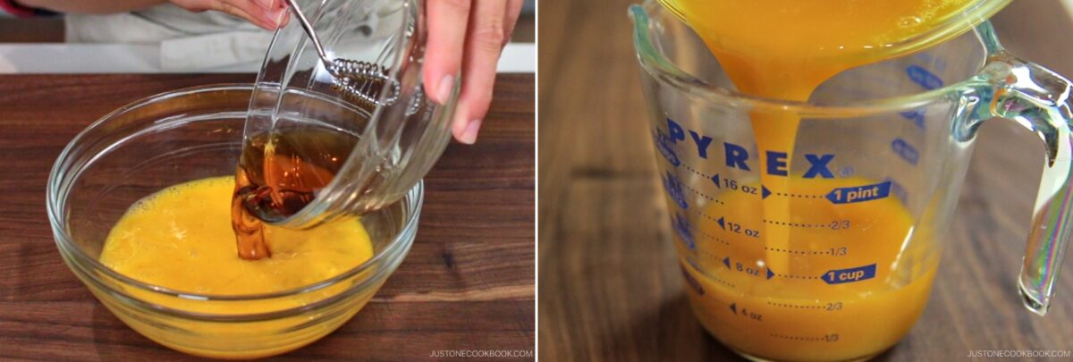 A hand pours a brown liquid into beaten eggs for Dashimaki Tamago (Japanese Dashi Rolled Omelette) in a glass bowl (left), and a thick orange-yellow mixture is poured into a glass measuring cup (right) on a wooden surface.