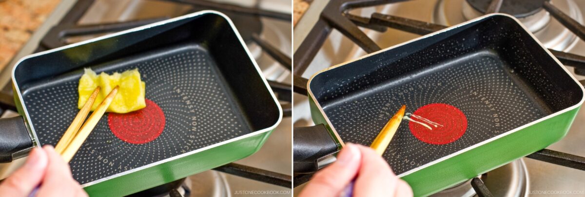 A hand uses chopsticks to rub ginger on a nonstick pan in the left image—an essential step before making Dashimaki Tamago (Japanese Dashi Rolled Omelette); the right image shows the faint residue left after removing the ginger.