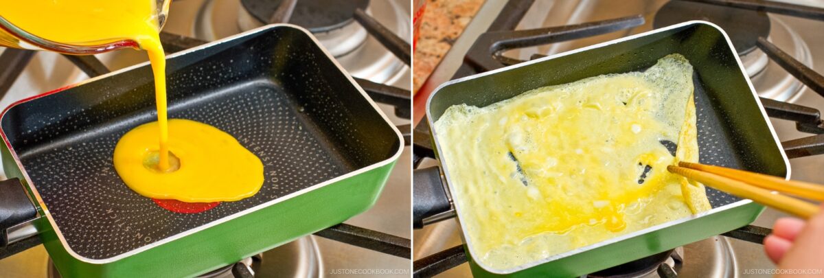 A split image shows beaten eggs being poured into a square frying pan on a stove, then cooking and being shaped with chopsticks to make Dashimaki Tamago (Japanese Dashi Rolled Omelette).