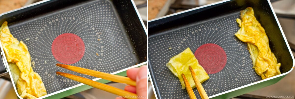 Two images show someone using chopsticks to roll an omelette in a rectangular nonstick pan, demonstrating the process of making Dashimaki Tamago (Japanese Dashi Rolled Omelette) on a stove.