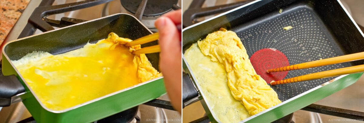A pair of hands uses chopsticks to roll Dashimaki Tamago (Japanese Dashi Rolled Omelette) in a rectangular non-stick pan. The left image shows the eggs still runny; the right shows the omelette being rolled.