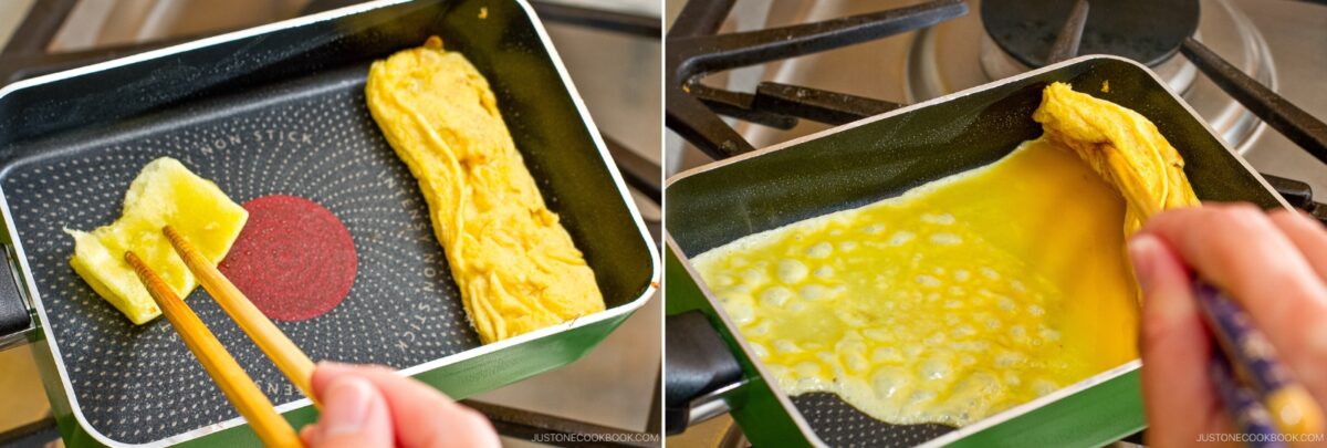 Two side-by-side images show Dashimaki Tamago (Japanese Dashi Rolled Omelette) cooking in a rectangular pan: one highlights rolling cooked egg with chopsticks, the other shows pouring uncooked egg into the pan.