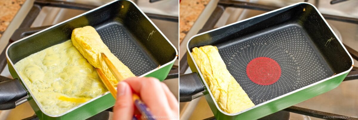 Side-by-side images show a person making Dashimaki Tamago (Japanese Dashi Rolled Omelette) in a rectangular non-stick pan on a stove, expertly rolling the seasoned egg mixture with chopsticks as it cooks.